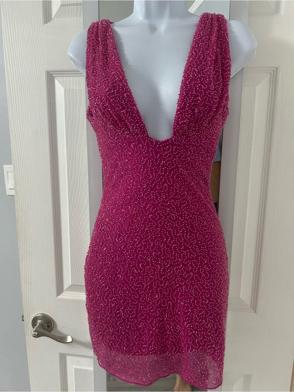 Oh Polly Beaded Deep V Mini Dress in Fuchsia